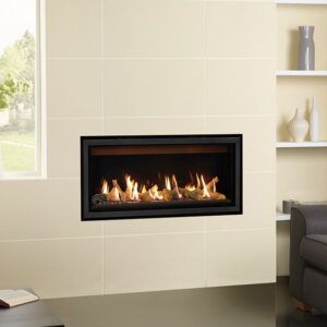 Gazco Studio 2 Slimline 5kw Gas Fire with Balanced Flue, Log Effect and Black Glass Lining