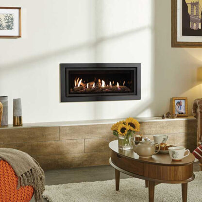 Gazco Studio 2 Slimline 5kw Gas Fire with Balanced Flue, White Stones and Black Glass Lining