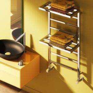 Reina Elvina-2 Steel Modern Vertical Bathroom Towel Rail and Radiator with Shelf - Chrome